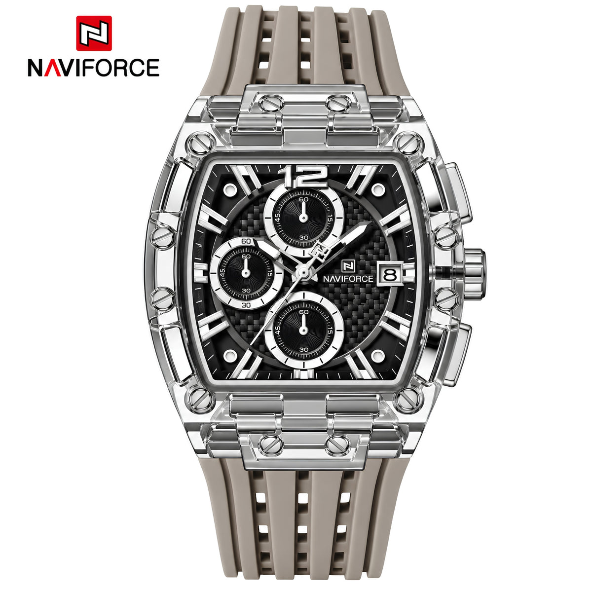 Naviforce Reloj Cronógrafo Negro con Detalles Grises y Plateados, Correa de Silicona, Diámetro de 42.5 mm, Cristal Acrílico HD y Resistencia al Agua 3 ATM o 5 ATM.