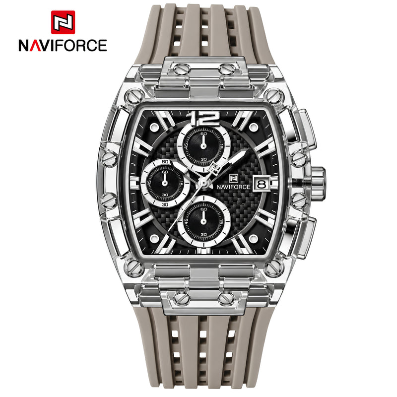Naviforce Reloj Cronógrafo Negro con Detalles Grises y Plateados, Correa de Silicona, Diámetro de 42.5 mm, Cristal Acrílico HD y Resistencia al Agua 3 ATM o 5 ATM.