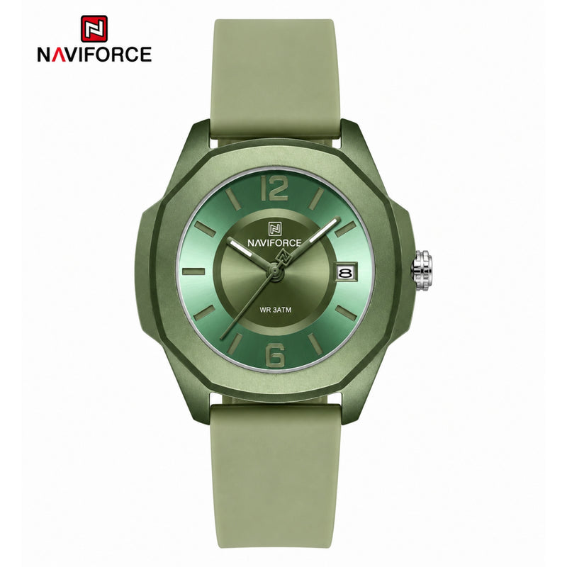 Naviforce Reloj Analógico Verde con Correa de Silicona, Diámetro de 34 mm, Cristal Acrílico HD y Resistencia al Agua 5 ATM.
