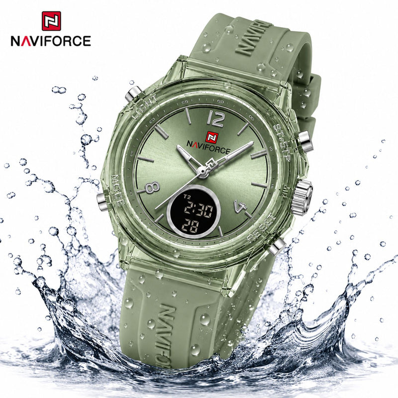 Naviforce Reloj Analógico y Digital verde con Pantalla LCD, Correa de Silicona, Diámetro de 35 mm y Resistencia al Agua 5 ATM.
