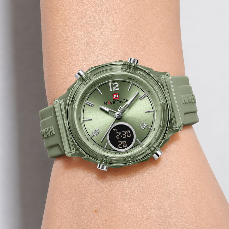 Naviforce Reloj Analógico y Digital verde con Pantalla LCD, Correa de Silicona, Diámetro de 35 mm y Resistencia al Agua 5 ATM.
