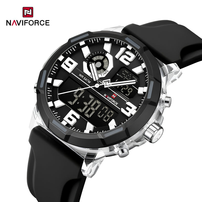 Naviforce Reloj Analógico y Digital Negro, Correa de Silicona, Diámetro de 45 mm y Resistencia al Agua 5 ATM.