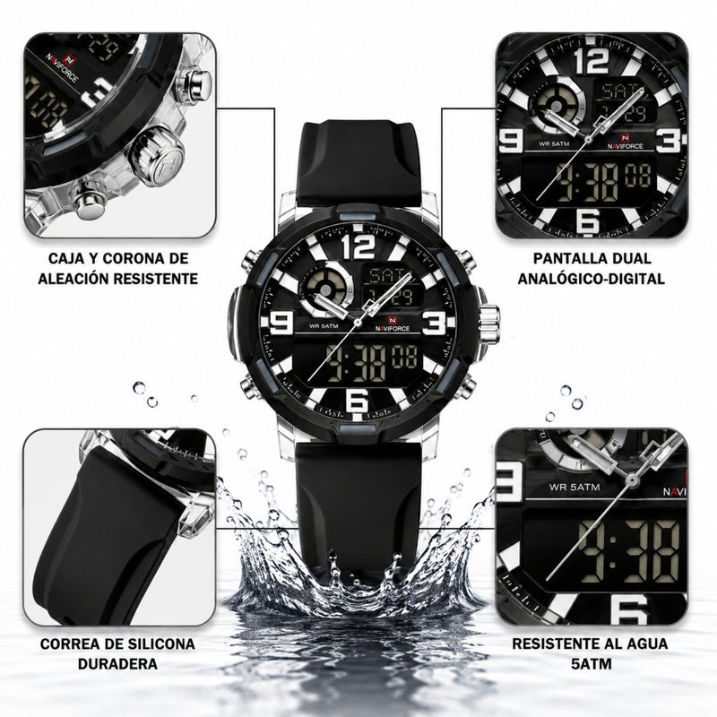Naviforce Reloj Analógico y Digital Negro, Correa de Silicona, Diámetro de 45 mm y Resistencia al Agua 5 ATM.