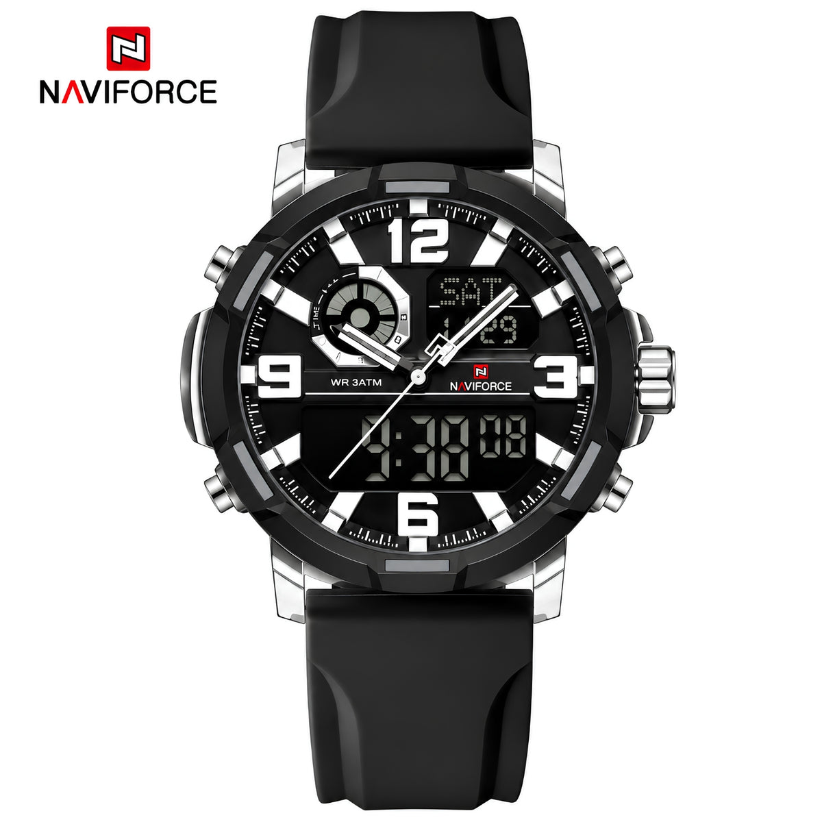 Naviforce Reloj Analógico y Digital Negro, Correa de Silicona, Diámetro de 45 mm y Resistencia al Agua 5 ATM.