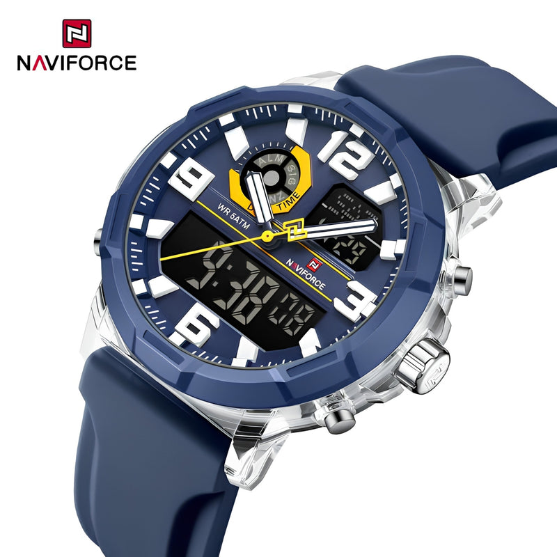 Naviforce Reloj Analógico y Digital Azul, Correa de Silicona, Diámetro de 45 mm y Resistencia al Agua 5 ATM.