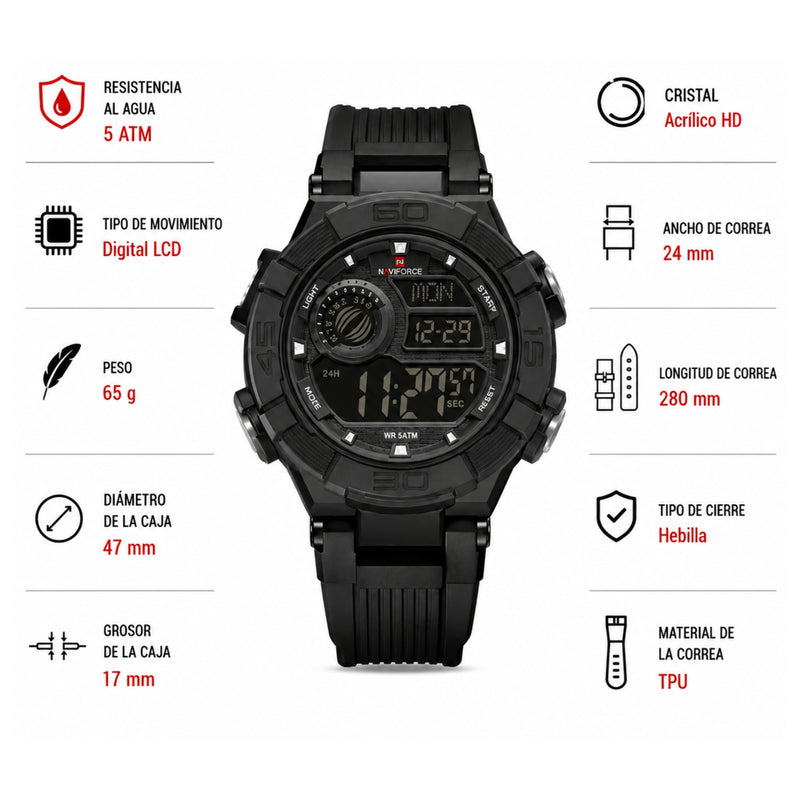 Naviforce Reloj Digital Negro, Correa de Silicona, Diámetro de 47 mm y Resistencia al Agua 5 ATM.