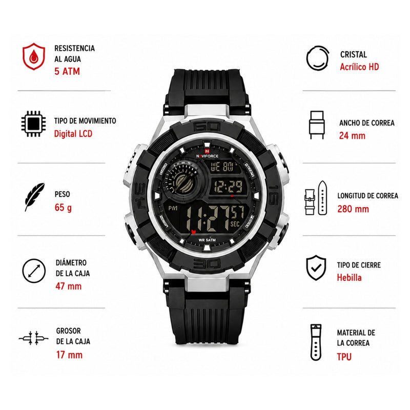 Naviforce Reloj Digital Negro, Correa de Silicona, Diámetro de 47 mm y Resistencia al Agua 5 ATM.