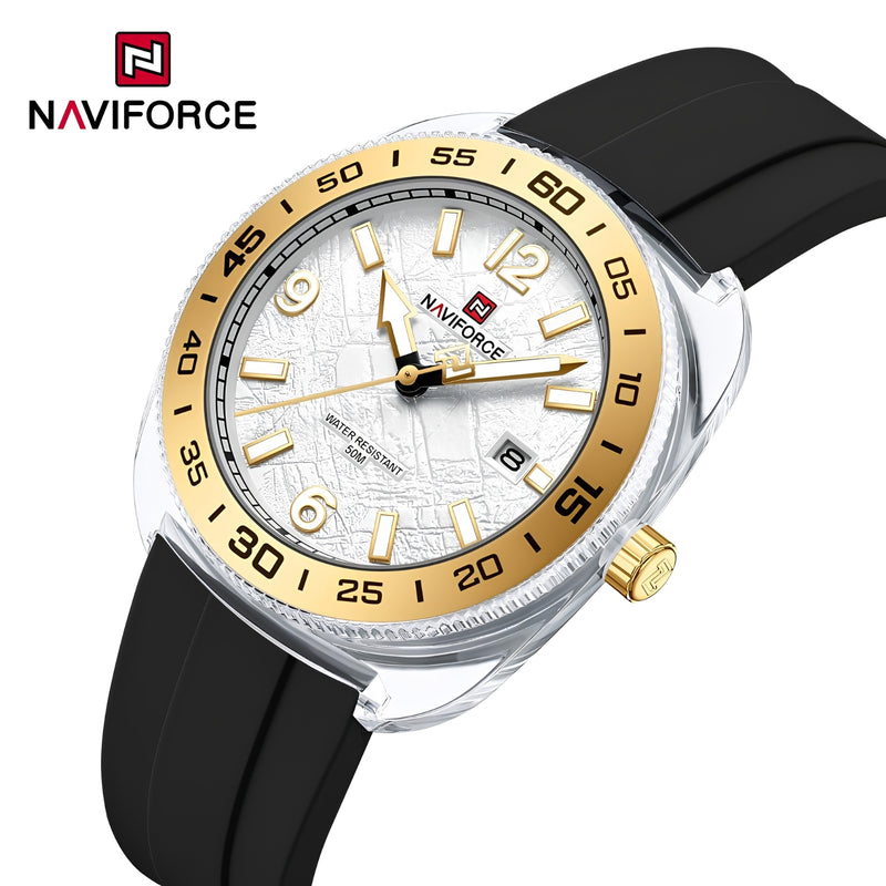Naviforce Reloj Analógico Blanco con Detalles Dorados, Correa de Silicona Negra, Diámetro de 41 mm, Cristal Acrílico HD y Resistencia al Agua 5 ATM.
