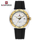 Naviforce Reloj Analógico Blanco con Detalles Dorados, Correa de Silicona Negra, Diámetro de 41 mm, Cristal Acrílico HD y Resistencia al Agua 5 ATM.