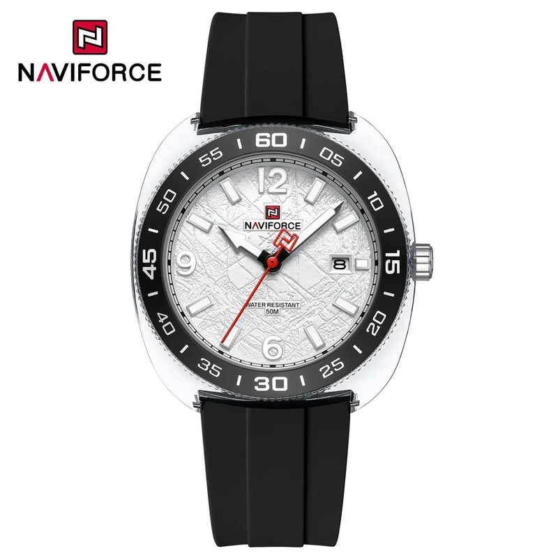 Naviforce Reloj Analógico Blanco con Detalles Negros, Diámetro de 41 mm, Cristal Acrílico HD y Resistencia al Agua 5 ATM.