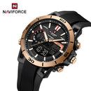 Naviforce Reloj Analógico y Digital Negro con Detalles Rose Gold, Correa de Silicona, Diámetro de 44 mm, Cristal Acrílico HD y Resistencia al Agua 5 ATM.