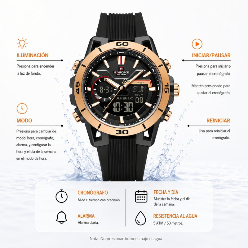 Naviforce Reloj Analógico y Digital Negro con Detalles Rose Gold, Correa de Silicona, Diámetro de 44 mm, Cristal Acrílico HD y Resistencia al Agua 5 ATM.