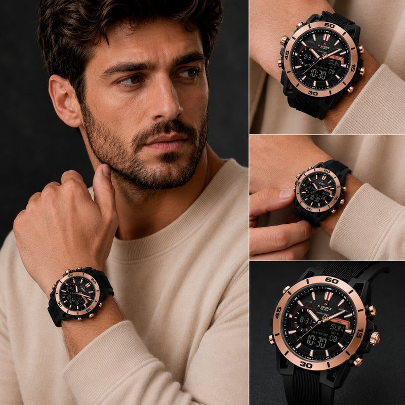 Naviforce Reloj Analógico y Digital Negro con Detalles Rose Gold, Correa de Silicona, Diámetro de 44 mm, Cristal Acrílico HD y Resistencia al Agua 5 ATM.