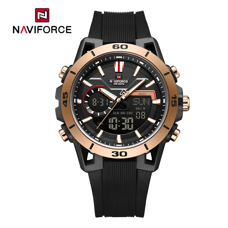 Naviforce Reloj Analógico y Digital Negro con Detalles Rose Gold, Correa de Silicona, Diámetro de 44 mm, Cristal Acrílico HD y Resistencia al Agua 5 ATM.