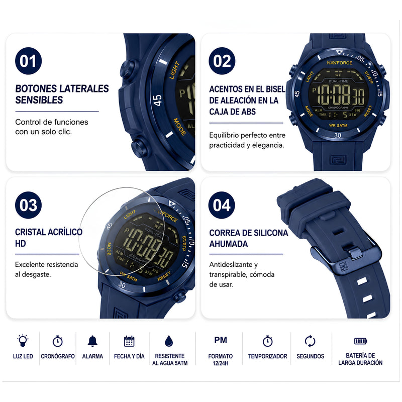 Naviforce Reloj Digital Azul, Correa de Silicona, Diámetro de 41 mm y Resistencia al Agua 5 ATM.