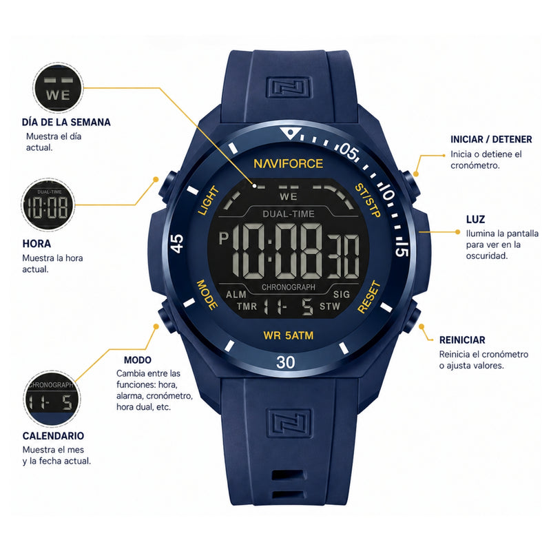 Naviforce Reloj Digital Azul, Correa de Silicona, Diámetro de 41 mm y Resistencia al Agua 5 ATM.