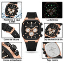 Naviforce Reloj Cronógrafo Negro y Rose Gold con Correa Negra de Silicona, Diámetro de 43 mm, Cristal Mineral Endurecido y Resistencia al Agua 3 ATM.