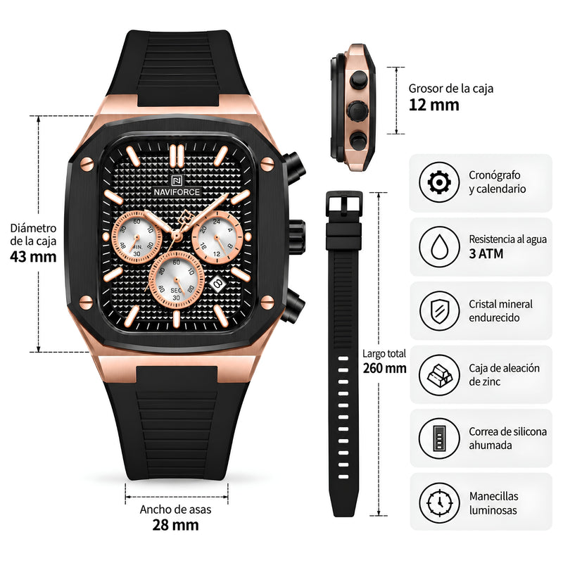 Naviforce Reloj Cronógrafo Negro y Rose Gold con Correa Negra de Silicona, Diámetro de 43 mm, Cristal Mineral Endurecido y Resistencia al Agua 3 ATM.