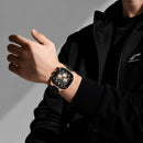 Naviforce Reloj Cronógrafo Negro y Rose Gold con Correa Negra de Silicona, Diámetro de 43 mm, Cristal Mineral Endurecido y Resistencia al Agua 3 ATM.