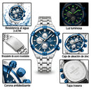 Naviforce Reloj Cronógrafo Plateado y Azul para Hombre con Correa de Acero Inoxidable, Diámetro de 43 mm, Cristal Mineral Endurecido y Resistencia al Agua 3 ATM.