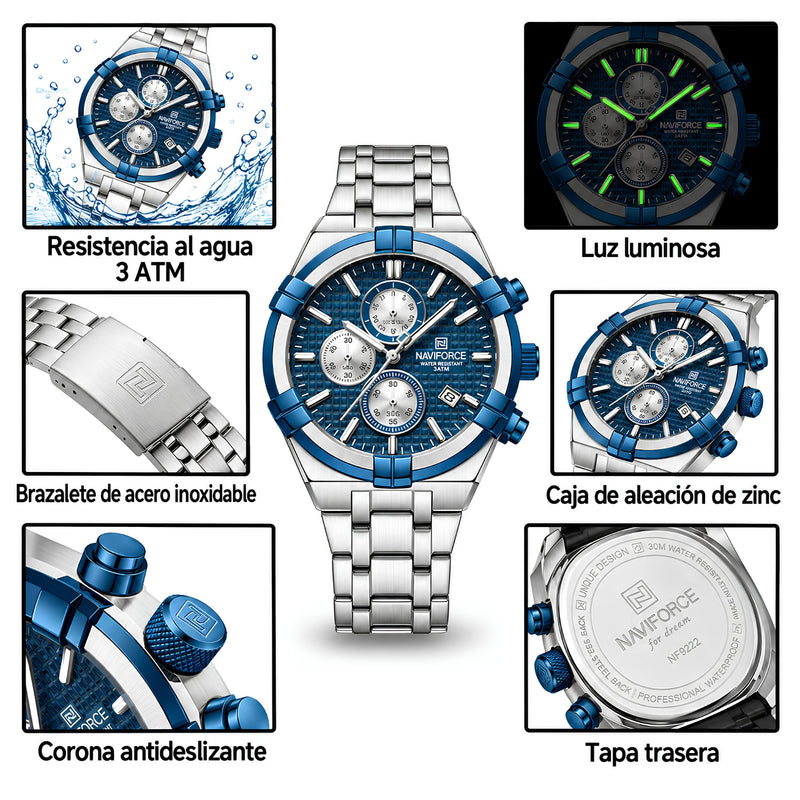 Naviforce Reloj Cronógrafo Plateado y Azul para Hombre con Correa de Acero Inoxidable, Diámetro de 43 mm, Cristal Mineral Endurecido y Resistencia al Agua 3 ATM.
