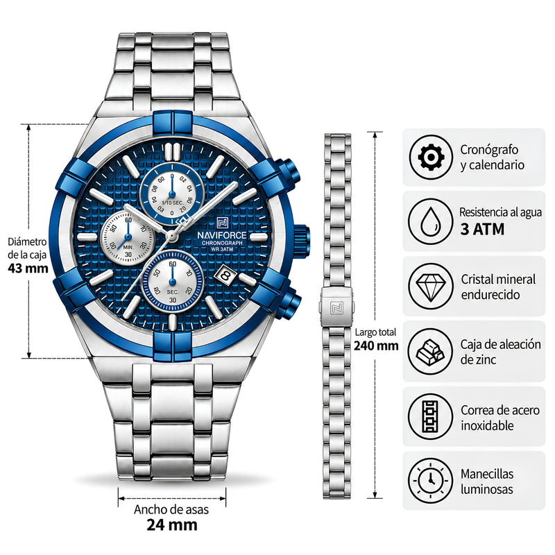 Naviforce Reloj Cronógrafo Plateado y Azul para Hombre con Correa de Acero Inoxidable, Diámetro de 43 mm, Cristal Mineral Endurecido y Resistencia al Agua 3 ATM.