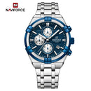 Naviforce Reloj Cronógrafo Plateado y Azul para Hombre con Correa de Acero Inoxidable, Diámetro de 43 mm, Cristal Mineral Endurecido y Resistencia al Agua 3 ATM.