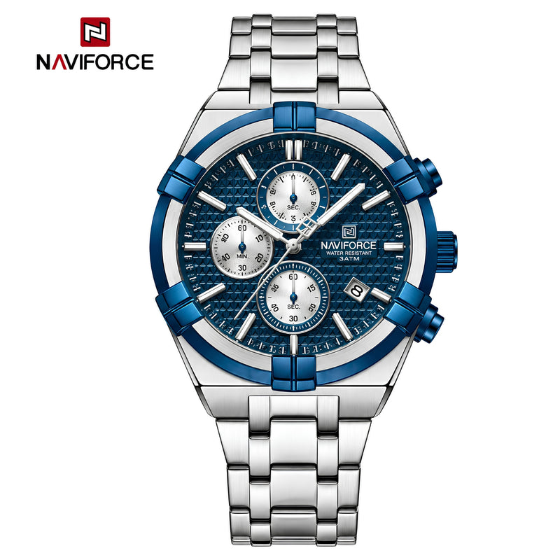 Naviforce Reloj Cronógrafo Plateado y Azul para Hombre con Correa de Acero Inoxidable, Diámetro de 43 mm, Cristal Mineral Endurecido y Resistencia al Agua 3 ATM.