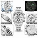 Naviforce Reloj Cronógrafo Plateado y Azul con Correa de Acero Inoxidable, Diámetro de 43 mm, Cristal Mineral Endurecido y Resistencia al Agua 3 ATM.