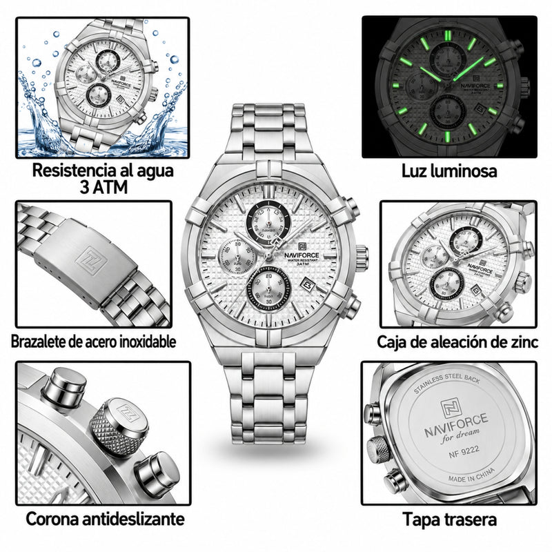 Naviforce Reloj Cronógrafo Plateado y Azul con Correa de Acero Inoxidable, Diámetro de 43 mm, Cristal Mineral Endurecido y Resistencia al Agua 3 ATM.