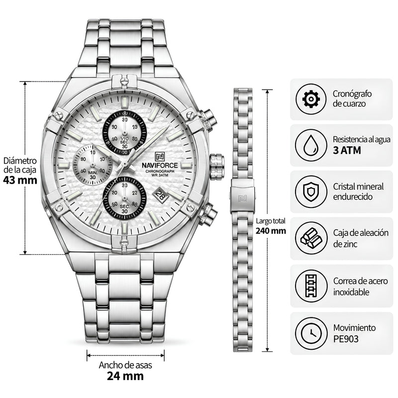 Naviforce Reloj Cronógrafo Plateado y Azul con Correa de Acero Inoxidable, Diámetro de 43 mm, Cristal Mineral Endurecido y Resistencia al Agua 3 ATM.