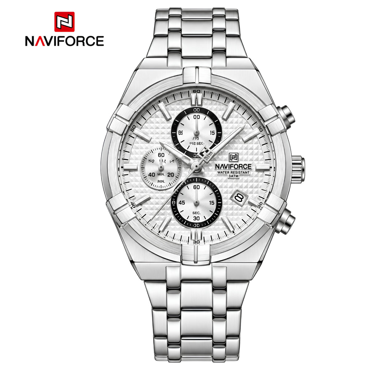 Naviforce Reloj Cronógrafo Plateado y Azul con Correa de Acero Inoxidable, Diámetro de 43 mm, Cristal Mineral Endurecido y Resistencia al Agua 3 ATM.