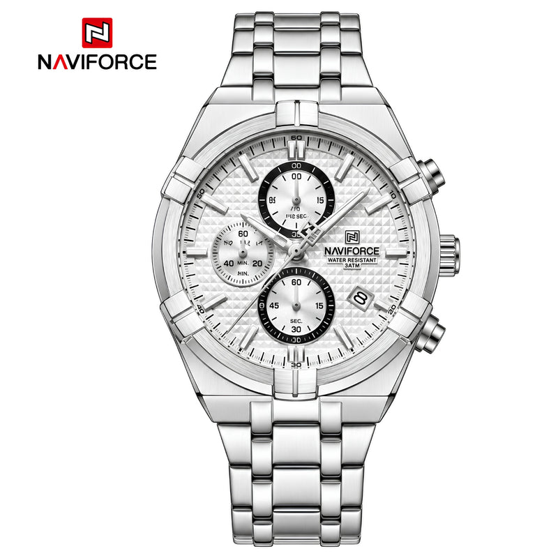 Naviforce Reloj Cronógrafo Plateado y Azul con Correa de Acero Inoxidable, Diámetro de 43 mm, Cristal Mineral Endurecido y Resistencia al Agua 3 ATM.