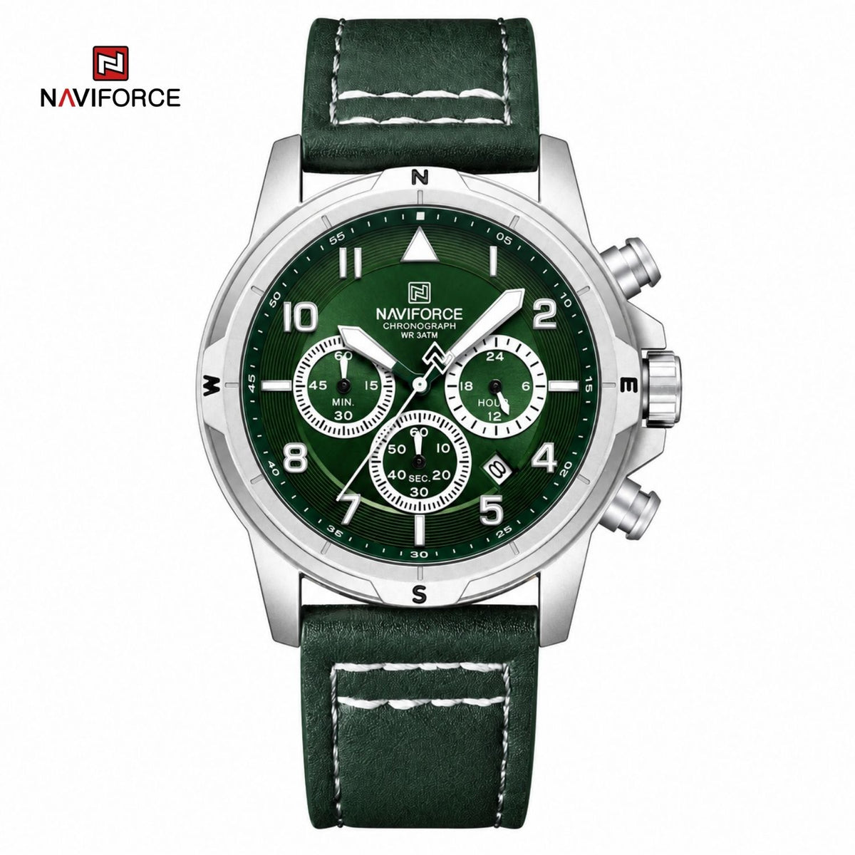 Reloj Naviforce Cronógrafo de Cuarzo Color Verde Plata con Correa de Cuero Genuino, Movimiento Chino PE902, Diámetro de 44 mm y Resistencia al Agua 3 ATM