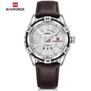 Naviforce Reloj Analógico Plateado para Hombre con Correa Marrón Oscuro de Cuero PU, Diámetro de 47 mm, Cristal Mineral Endurecido, Calendario y Resistencia al Agua 3 ATM.