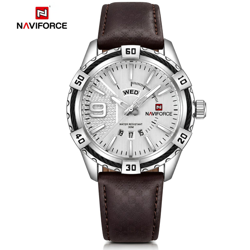 Naviforce Reloj Analógico Plateado para Hombre con Correa Marrón Oscuro de Cuero PU, Diámetro de 47 mm, Cristal Mineral Endurecido, Calendario y Resistencia al Agua 3 ATM.