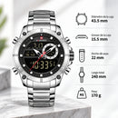 Naviforce Reloj Analógico y Digital Plateado con Correa de Acero Inoxidable, Diámetro de 43.5 mm, Cristal Mineral Endurecido y Resistencia al Agua 3 ATM.