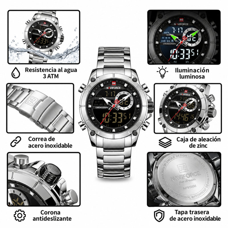 Naviforce Reloj Analógico y Digital Plateado con Correa de Acero Inoxidable, Diámetro de 43.5 mm, Cristal Mineral Endurecido y Resistencia al Agua 3 ATM.