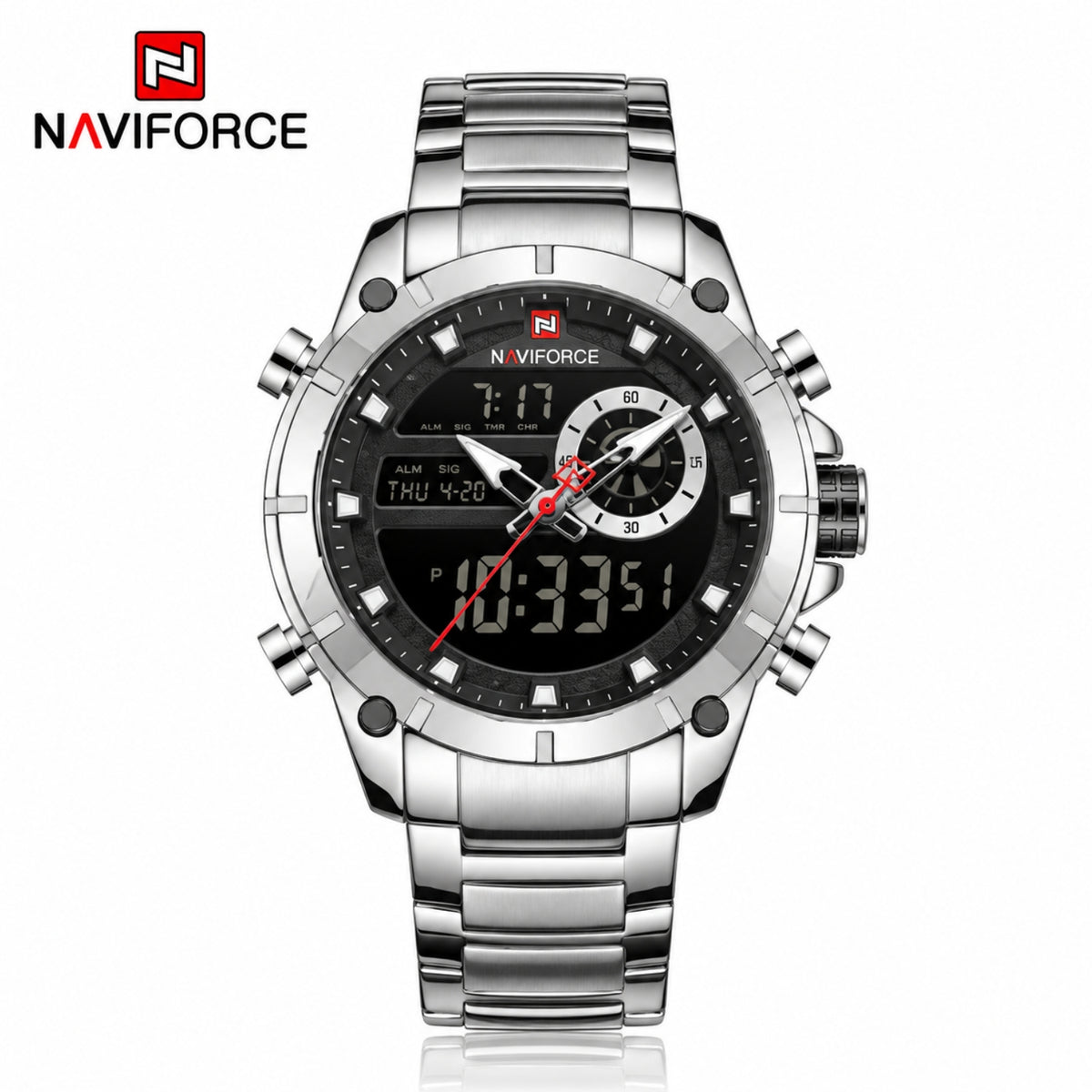 Naviforce Reloj Analógico y Digital Plateado con Correa de Acero Inoxidable, Diámetro de 43.5 mm, Cristal Mineral Endurecido y Resistencia al Agua 3 ATM.