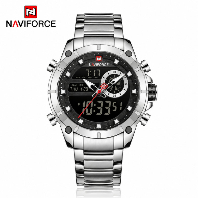 Naviforce Reloj Analógico y Digital Plateado con Correa de Acero Inoxidable, Diámetro de 43.5 mm, Cristal Mineral Endurecido y Resistencia al Agua 3 ATM.