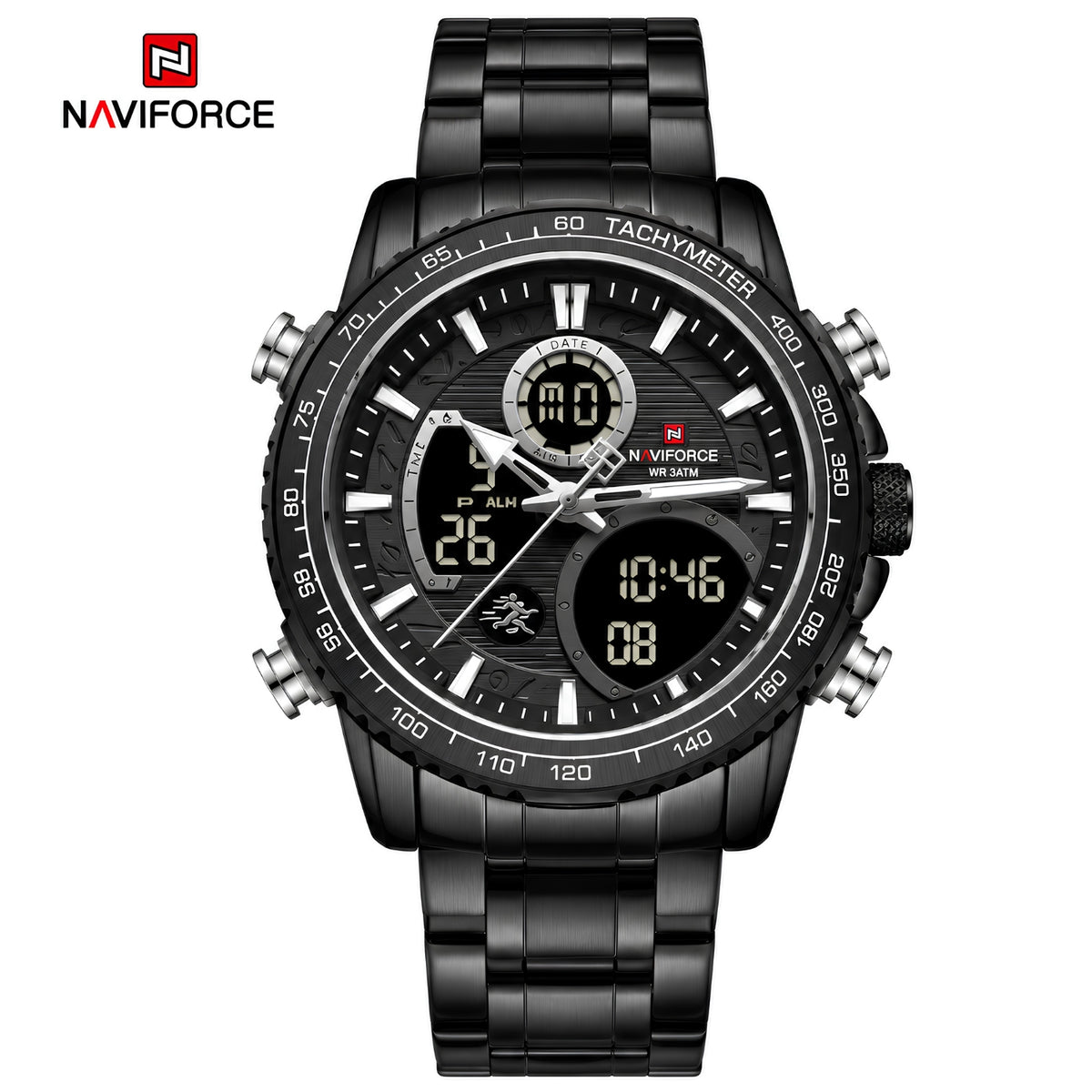 Naviforce Reloj Analógico y Digital en Color Negro con Correa de Acero Inoxidable, Diámetro de 45.5 mm y Resistencia al Agua 3 ATM.