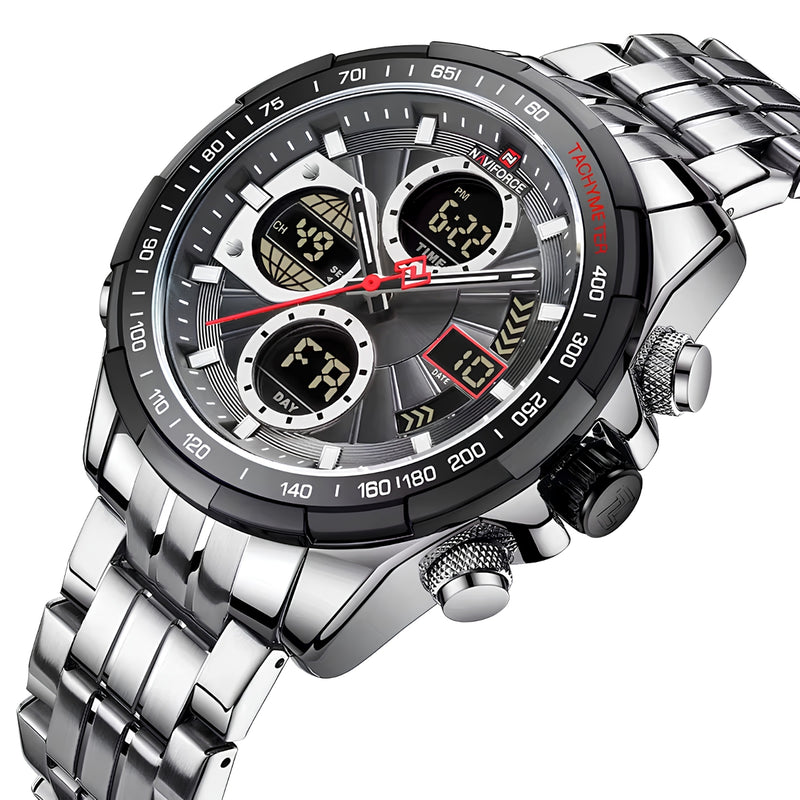 Naviforce Reloj Analógico y Digital Plateado con Correa de Acero Inoxidable, Diámetro de 46 mm, Cristal Mineral Endurecido y Resistencia al Agua 3 ATM.