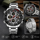 Naviforce Reloj Analógico y Digital Plateado con Correa de Acero Inoxidable, Diámetro de 46 mm, Cristal Mineral Endurecido y Resistencia al Agua 3 ATM.