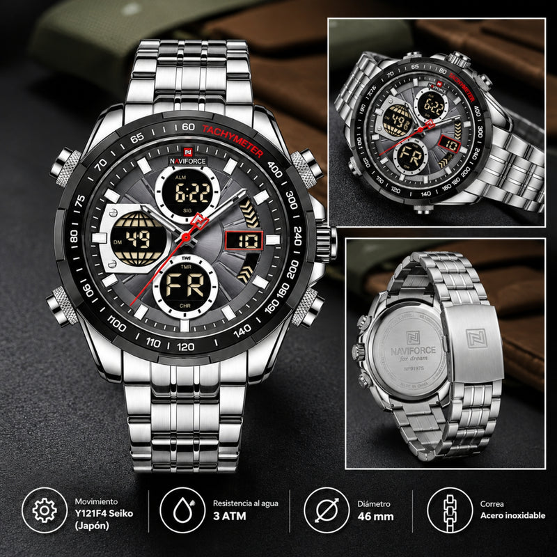 Naviforce Reloj Analógico y Digital Plateado con Correa de Acero Inoxidable, Diámetro de 46 mm, Cristal Mineral Endurecido y Resistencia al Agua 3 ATM.