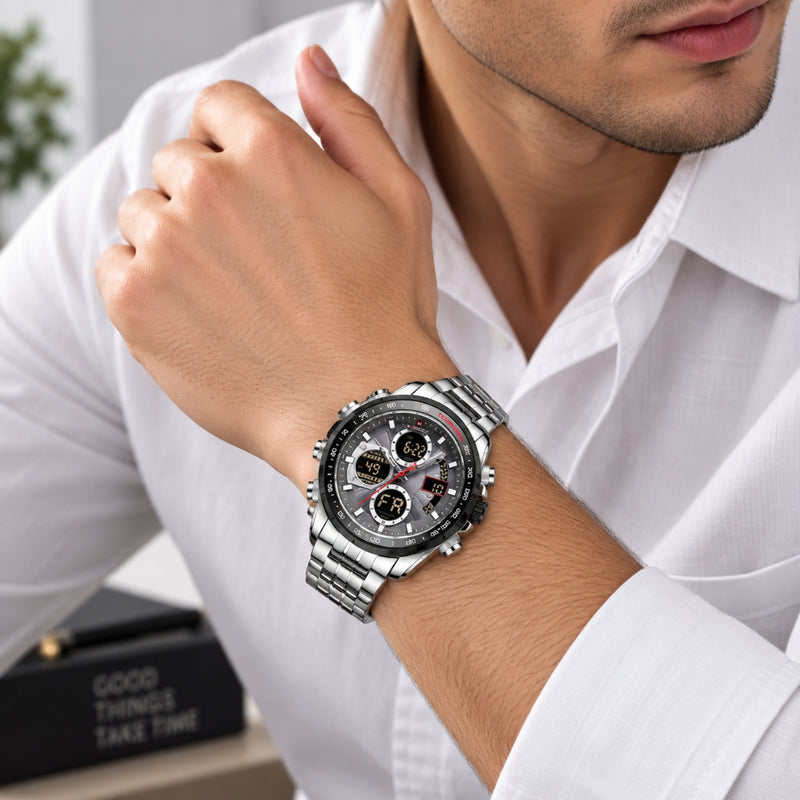 Naviforce Reloj Analógico y Digital Plateado con Correa de Acero Inoxidable, Diámetro de 46 mm, Cristal Mineral Endurecido y Resistencia al Agua 3 ATM.