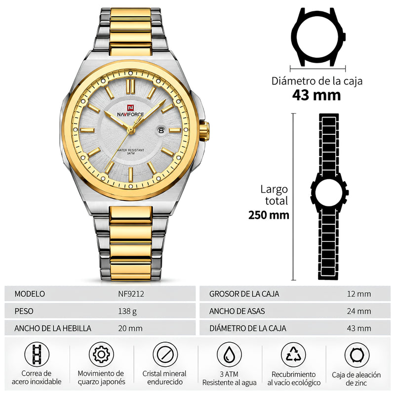 Naviforce Reloj Analógico Plateado y Dorado con Esfera Blanca y Correa de Acero Inoxidable, Diámetro de 43 mm y Resistencia al Agua 3 ATM.