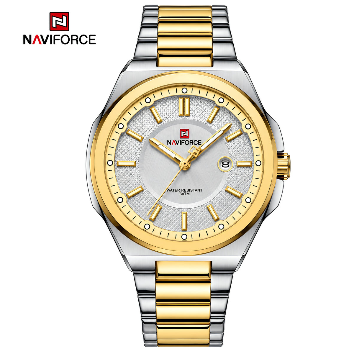 Naviforce Reloj Analógico Plateado y Dorado con Esfera Blanca y Correa de Acero Inoxidable, Diámetro de 43 mm y Resistencia al Agua 3 ATM.