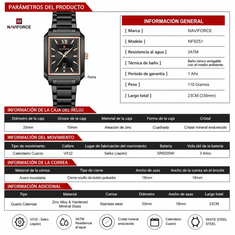 Reloj Analógico Negro con Correa de Acero Inoxidable Diámetro de 33 mm Calendario y Resistencia al Agua 3 ATM
