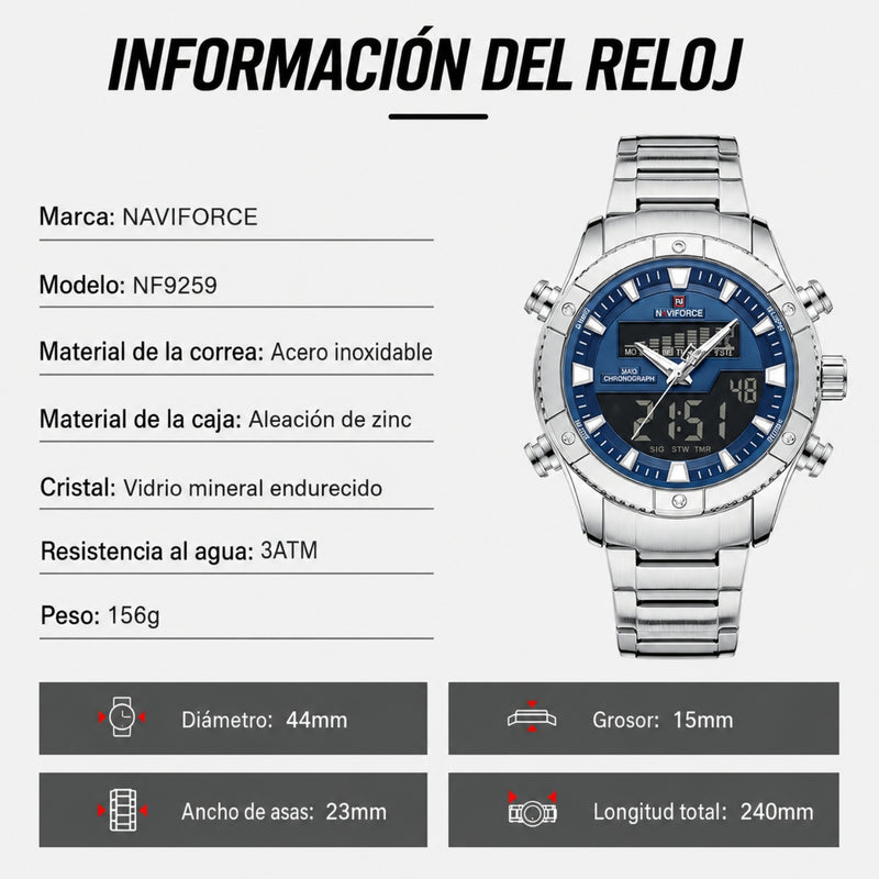 Naviforce Reloj Analógico Digital Azul con Correa de Acero Inoxidable Diámetro de 44 mm y Resistencia al Agua 3 ATM