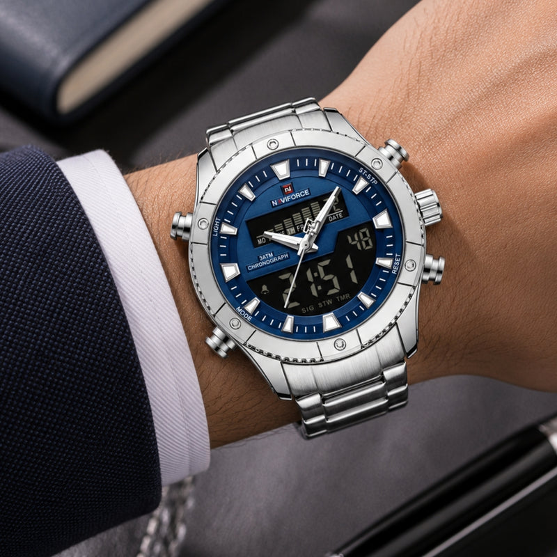 Naviforce Reloj Analógico Digital Azul con Correa de Acero Inoxidable Diámetro de 44 mm y Resistencia al Agua 3 ATM
